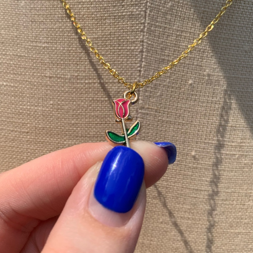 NWT Sterling Silver Plated Chain, Enamel Rose Flower Alloy Charm Neckkace - Picture 11 of 15